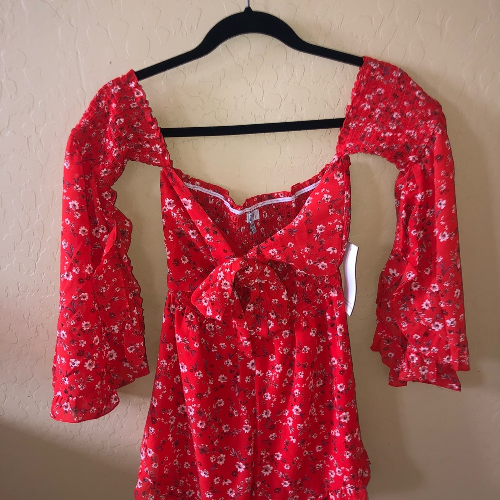 Red tie front floral romper